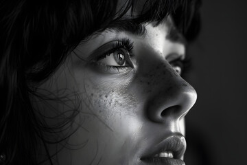 Foto en blanco y negro de cerca en la cara de una mujer con pecas y flequillo. Generado con IA.