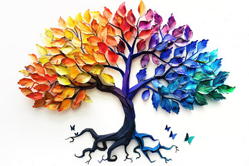 Stylized 3D tree of life in bright rainbow colors on a white background.