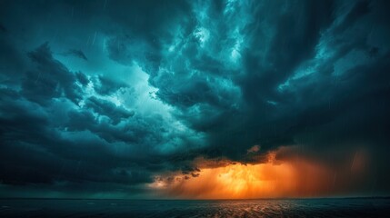 Fototapeta premium Dramatic dark clouds over ocean with orange sunset glow