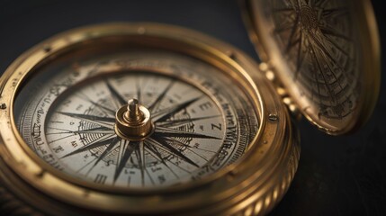 A closeup captures a vintage compass featuring a brass finish and elaborate engravings, symbolizing navigation and exploration against a neutral backdrop