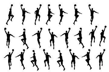 collection of different angle of silhouette male basketball player character , isolated vector for graphic resources