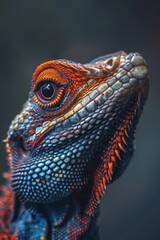 Obraz premium A colorful lizard with red eyes and blue and orange scales. The lizard is looking at the camera