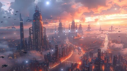 Fototapeta premium A futuristic city skyline with gleaming skyscrapers, flying drones, and holographic billboards illuminating the night sky, showcasing advanced technology and bustling urban life