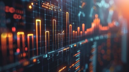 A dynamic bar graph showcases upward financial trends, emphasizing growth in a commercial environment illuminated by soft light