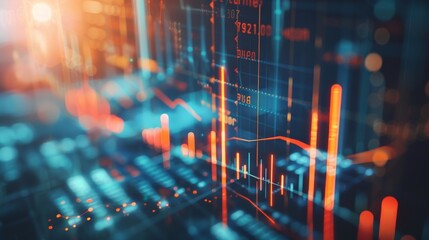 A dynamic bar graph displays significant upward trends in financial growth, set against an abstract digital backdrop, highlighting market insights and data analysis
