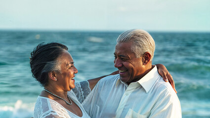 older latin couple dancing happily on the beach in summertime