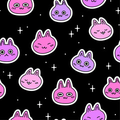 Seamless pattern with cute cats on dark background. Hand drawn vector texture for print, textile, packaging.