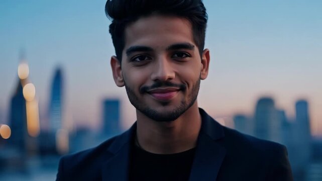 Against the vibrant backdrop of a city skyline at night a confident and stylish young man stares directly into the camera with a slight smirk on his lips.