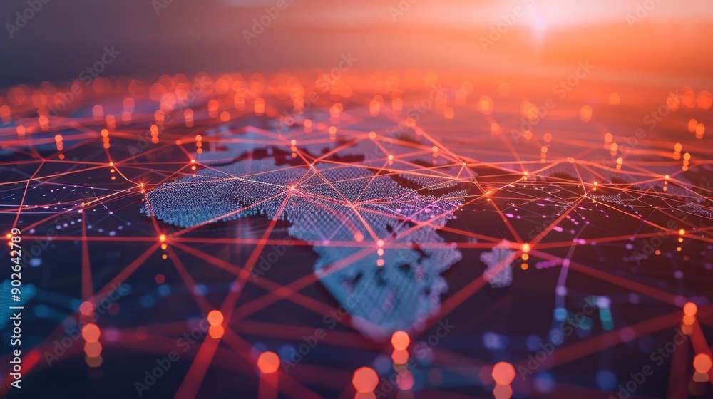 Poster a high-angle view of a digital map shows interconnected nodes and lines symbolizing a global network