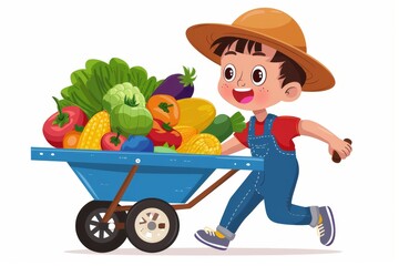 Smiling farmer boy wearing overalls and hat pushing a wheelbarrow full of fresh vegetables