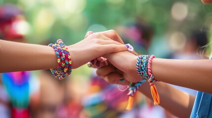 Colorful friendship bracelets worn by hands symbolize connection, unity, and creativity in a vibrant outdoor setting.