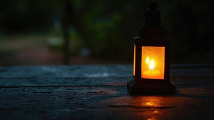 Lantern emitting soft, warm light sits on wooden surface in dark, outdoor setting