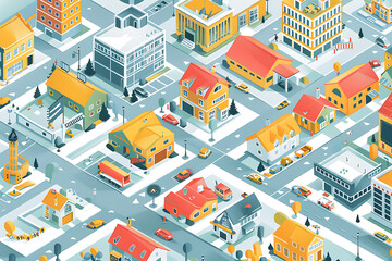 An illustration depicting various aspects of real estate, including houses, apartments, commercial buildings, and construction sites. The scene emphasizes property investment, housing market trends, a