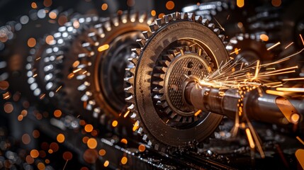 Gears rotate intricately, generating fiery sparks that highlight precision engineering in this captivating display of mechanical motion and craftsmanship