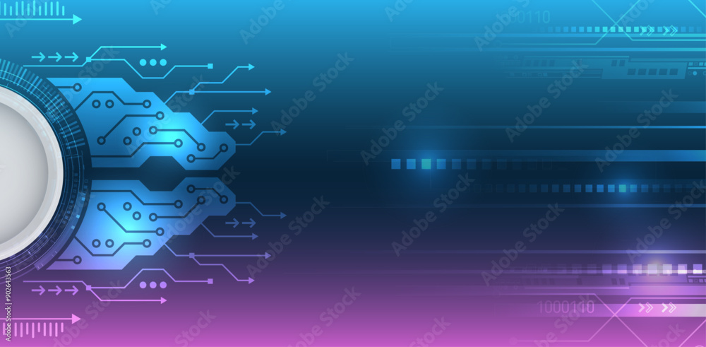 Poster Abstract blue high tech background consisting of printed circuit board circle and other technological elements. Digital communication, data protection, futuristic presentation, science cover.