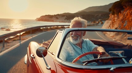 An elderly man with a beard enjoys driving a classic convertible along a breathtaking coastal road, basking in the warm glow of the sunset