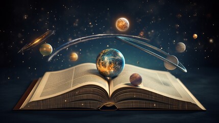 Book with planets above: conceptual science image illustrating celestial learning, knowledge, and exploration. Galaxy and space-themed educational graphic featuring astronomy and planetary studies. Id