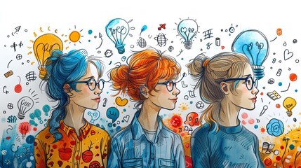 vector, ilustration, Various character doodle illustration of people finding creative ideas concept, thinking, reading, find solution or knowledge, imagination. Outline, linear, thin line art, hand dr