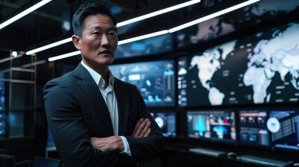 Businessman in a futuristic control room, surrounded by large digital screens displaying data and global maps.