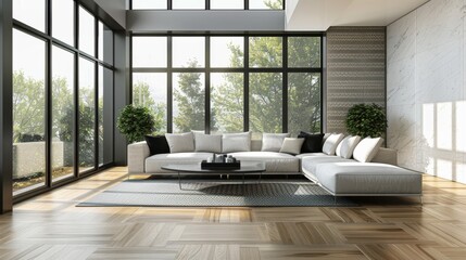 Fototapeta premium A contemporary living room showcases expansive windows, sleek hardwood floors, and stylish geometric wallpaper, creating a bright and inviting atmosphere