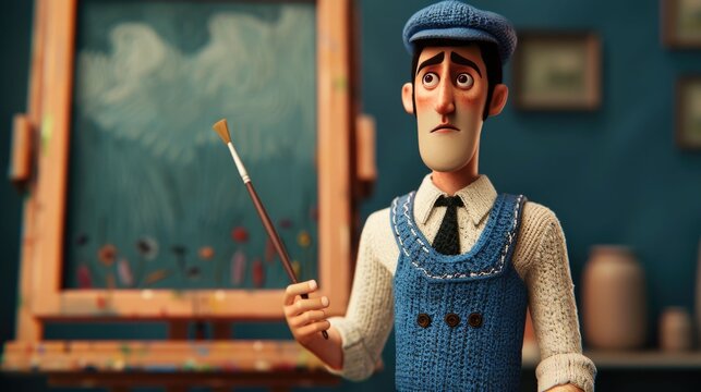 Animated 3D Character Painting on a Canvas with Deep Depth of Field Showcasing Skill and Imagination in a Studio Setting