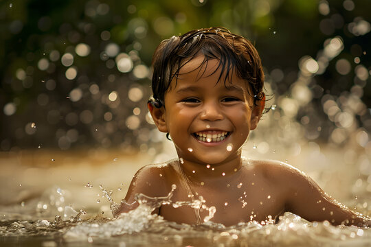 Retrato de ni&ntilde;o latino sonriendo en medio de un rio salpicando agua. Generado con Ia.