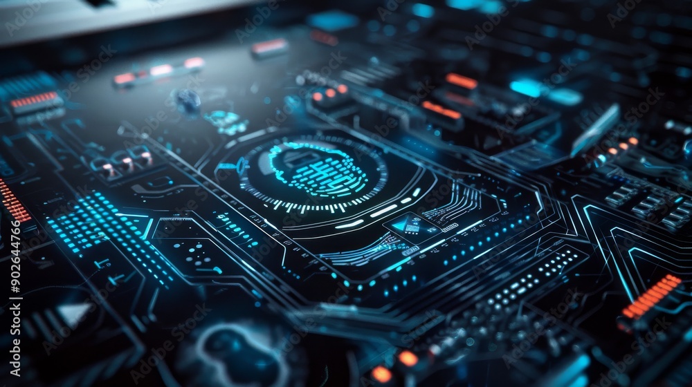 Poster a high-tech security interface showcases biometric authentication and digital encryption on a modern