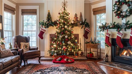 A charming living room adorned with a stunning Christmas tree, stockings hung by the fireplace, and cozy furniture, creating a perfect holiday atmosphere