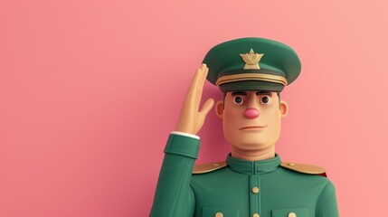Obraz premium Disciplined 3D cartoon soldier figure in military uniform saluting with a serious expression on a vibrant pastel background showcasing depth of field effect