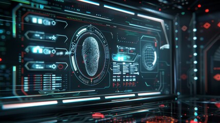 Obraz premium The sleek interface showcases biometric authentication, featuring a fingerprint scan and advanced digital encryption technology in a modern environment