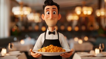 Animated 3D waiter character in uniform serving a plate of food at a high end restaurant setting with a blurred background and depth of field effect showcasing a fine dining experience