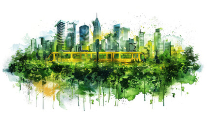 Obraz premium Artistic representation of an eco-friendly city with a green train running through lush greenery, surrounded by skyscrapers.