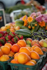 Vibrant Farmers' Market Display of Fresh Fruits and Vegetables for Sale