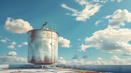 Obraz premium Water Tank on a Rooftop with Blue Sky and Clouds.