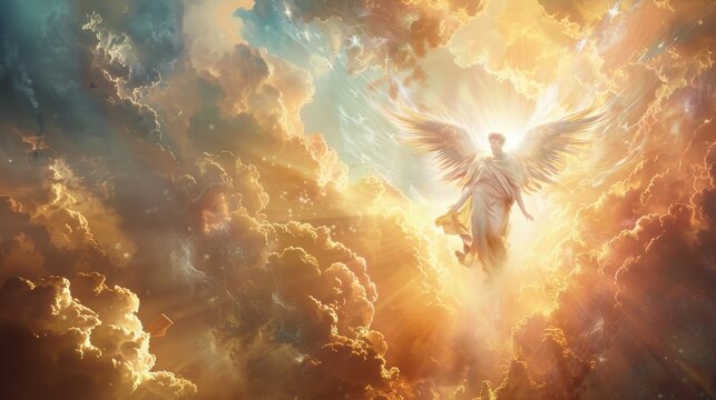 A benevolent angel gracefully floats among radiant clouds, illuminating the tranquil celestial landscape during a stunning dusk light