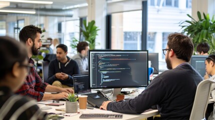 A group of software developers engages in teamwork while coding and discussing ideas in a bright and contemporary office space