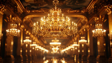 Fototapeta premium A long hallway with gold chandeliers hanging from the ceiling