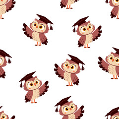 Seamless vector pattern on white background. Cute owl in graduation cap. Vector illustration