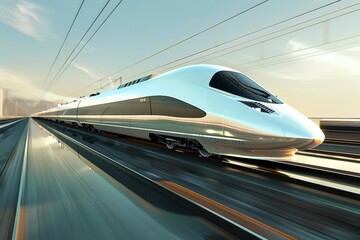 Obraz premium Travel brochures, contemporary transportation, and technology themes would all benefit from this high-speed train in motion, Generative AI.