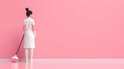 Cheerful 3D Cartoon Housekeeper Cleaning and Tidying Up a Pastel Colored Room with a Vacuum Cleaner  Domestic Housekeeping and Cleaning Service