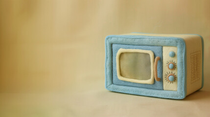 Novelty felted blue microwave on a pastel background with copy space. Unique fabric mini soft toy plushie oven.