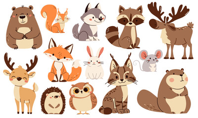 Set of flat vector illustrations. Forest animals, bear mouse hare elk deer hedgehog fox squirrel raccoon beaver lynx owl. Vector illustration © Alena