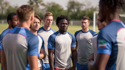 Obraz premium Soccer team huddles on the field, players in blue and white jerseys listen closely, focused and ready for the game strategy discussion.