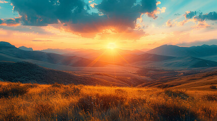 Obraz premium A beautiful sunset over a vast, open field