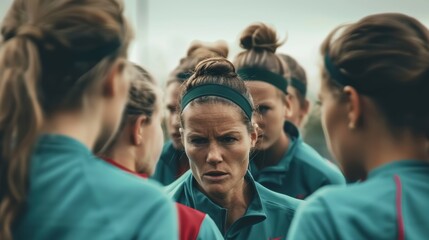Fototapeta premium Focused coach in headband intensely motivates her team, all wearing teal sports gear, during crucial huddle, emphasizing determination and unity.