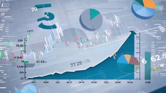 A digital business chart with global and technology themes on both a table and a screen, featuring arrows, maps, and a globe