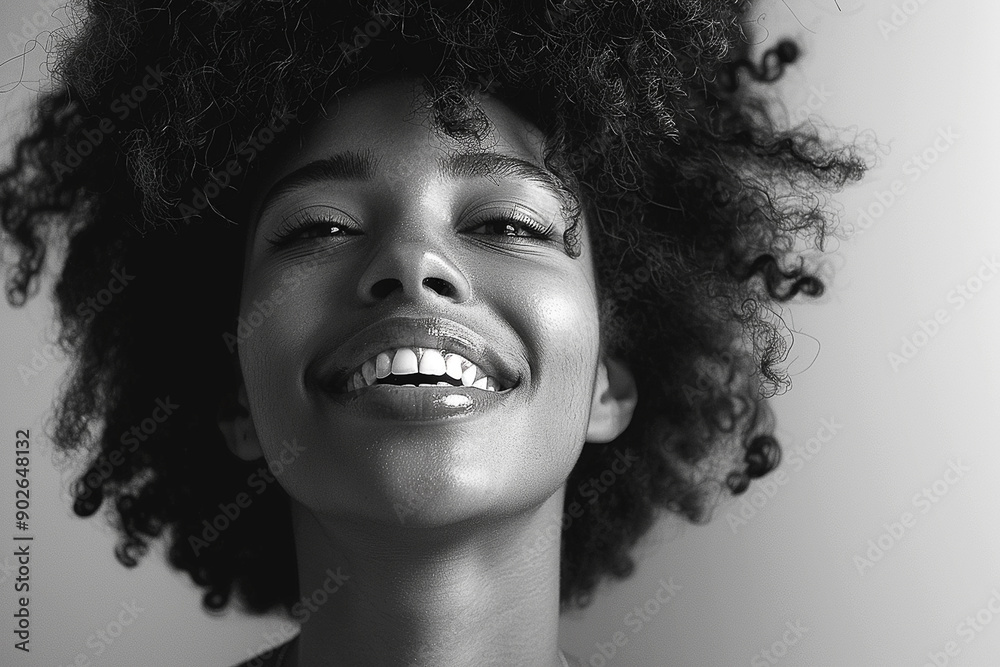 Wall mural A woman with curly hair is smiling and looking at the camera