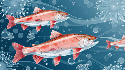 Detailed illustration of three salmon fish swimming underwater with decorative elements and bubbles in the background.