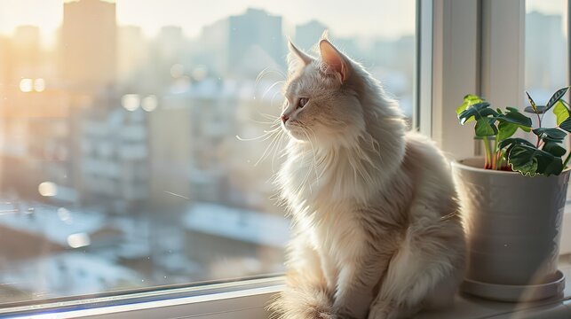 A fluffy white cat perched on a sunny windowsill overlooking the city skyline - Powered by Adobe