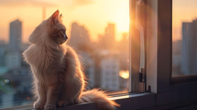 A fluffy white cat perched on a sunny windowsill overlooking the city skyline